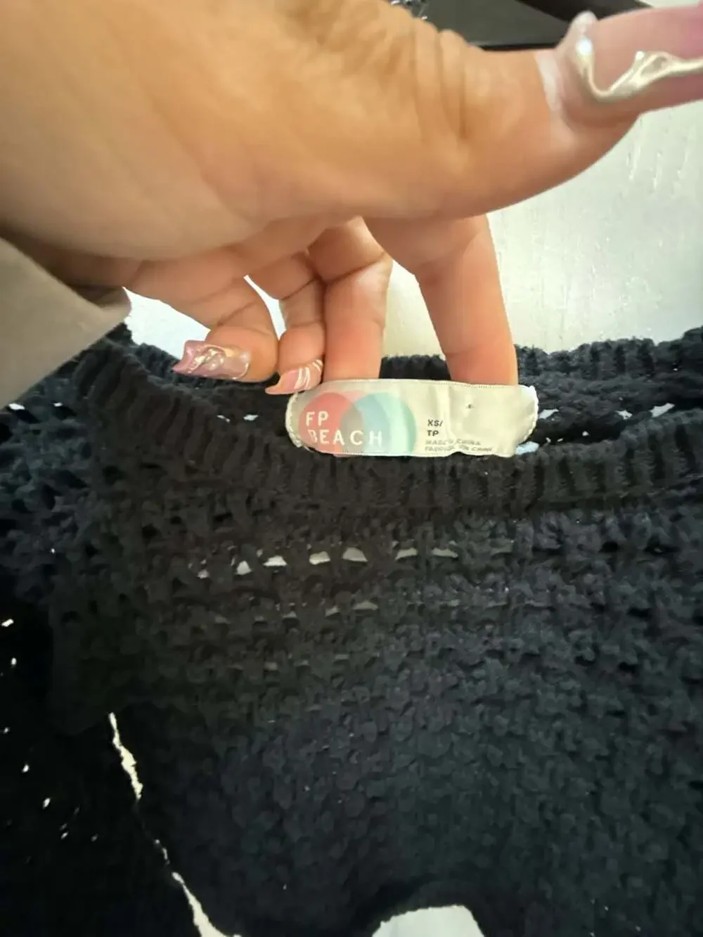 Free People FP Beach Black Open-Knit Crochet Cropped Sweater with Back Tie